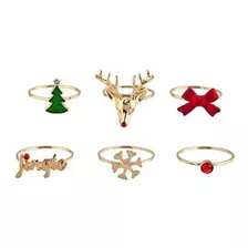 Anillos - Gold Tone Jingle Snowflake Christmas Tree Reindeer