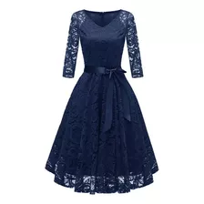 Elegante Vestido Feminino De Renda Floral Com Cor Sólida