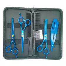 Kit 3 Tesoura 6`cabeleleiro Barbeiro 1 Navalha Profissional Cor Azul