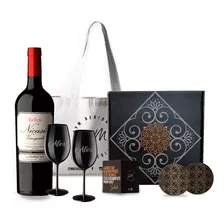 Box Vino Nicasia Malbec Copas Negras Grabadas Estuche Regalo