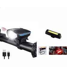 Kit Farol Bike Led Buzina+ Sinalizador Traseiro Recarregável