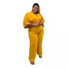 Macacão Feminino Plus Size Decote V Duna Pantalona Morcego