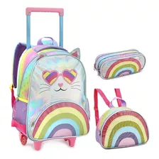 Kit Mochila Escolar Infantil Rodinha Menina Gatinha Colorida