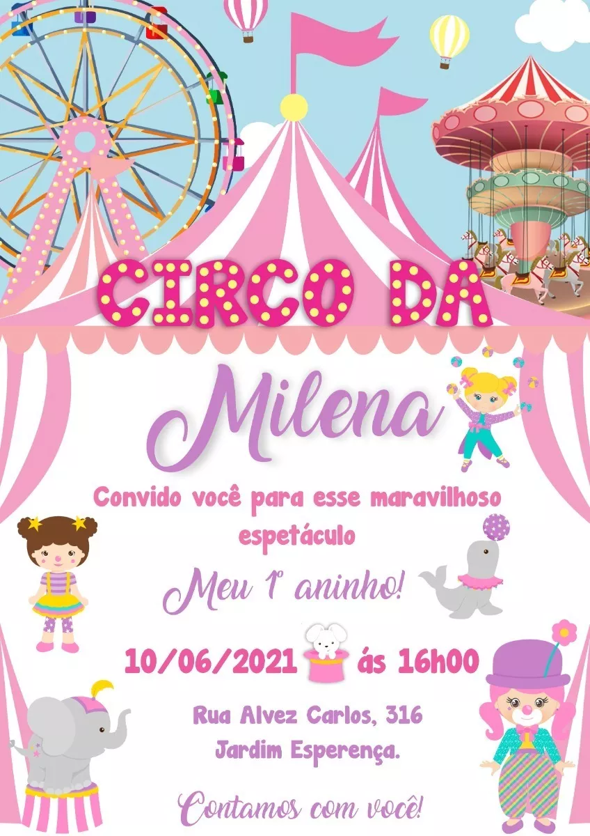 Convite Digital Infantil Tema Circo Rosa Menina