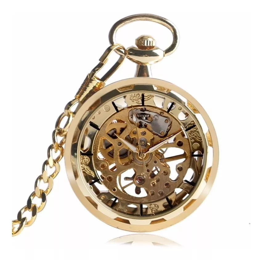 Relógio De Bolso Mecânico Dourado Skeleton Corda Automático