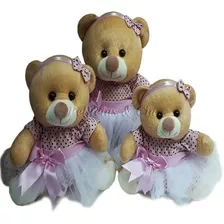 Ursa De Pelúcia Bailarina Vestido Poá Marrom Trio Para Nicho 15 18 E 22cm Quarto De Bebê Menina