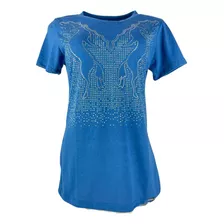 Camiseta Feminina Country Minuty Azul Com Brilho Strass 