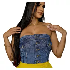 Cropped Jeans Feminino Tomara Que Caia Top Curto Elastico