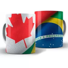 Caneca Bandeira Brasil E Canadá 325ml Cerâmica + Caixa Brind