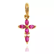 Pingente Em Ouro 18k Cruz Crucifixo Mini Zircônias Rosa