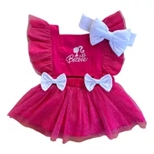 Vestido Barbie Rosa Aniversario Infantil + Tiara
