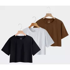 Kit 3 Camiseta Feminina Cropped Básica Malha Algodão Premium