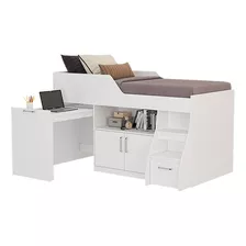 Cama Multifuncional Solteiro 100% Mdf 2 Portas 1 Gaveta Nicho Escrivaninha Bianca Cimol Branco