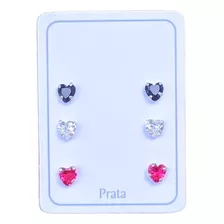 Kit Trio Brincos Prata 925 Zircônias Coloridas Garantia + Nf