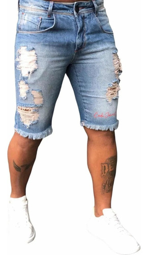 Bermuda Jeans Clara Skinny Masculina C/ Lycra Destroyed
