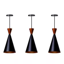 3 Luminárias Pendente Cone Canadá Sala Cozinha Churrasqueira Cor Preto Topo Cobre 110v/220v