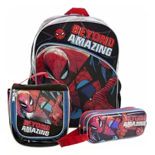 Set Escolar Spiderman Ruz Mochila, Lonchera Y Lapicera Color Negro Diseño De La Tela Liso
