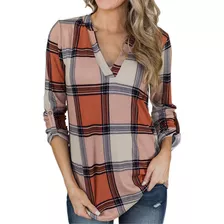 Blusas Femininas Folgadas Com Estampa Xadrez Com Decote Em V