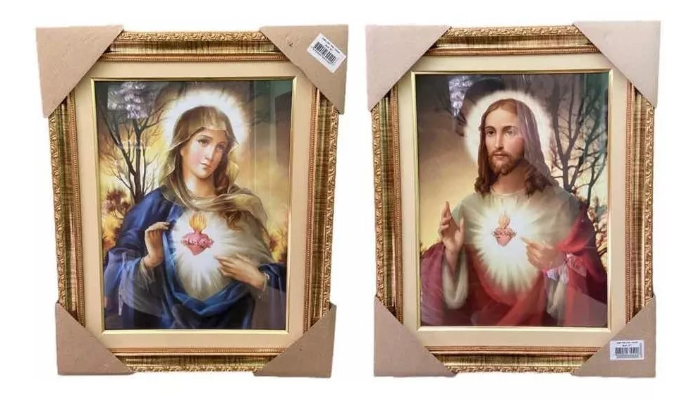 Quadro Sagrado Coração Maria E Jesus 42x52cm  Resinado Vidro