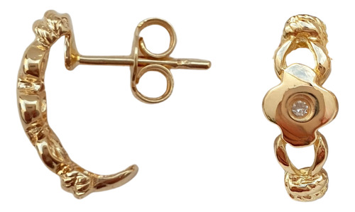 Brinco Meia Argola Flor Com Diamantes De Ouro 18k 750 Amarelo