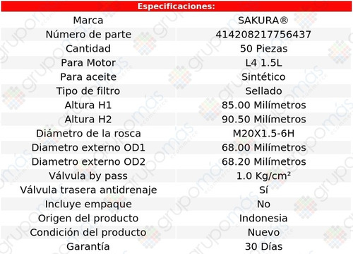 Caja De 50 Filtros Para Aceite Sinttico City L4 1.5l 10/20 Foto 2