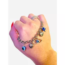 Pulsera Roló Y Ojo Turco Azul 17+3cm De Acero Quirúrgico 