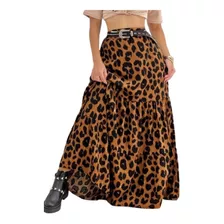 Saia Longa Estampada Animal Print Oncinha Onça Babado Viscos