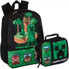 Minecraft Mochila Con Lonchera Para Niños Y Niñas Color Negro