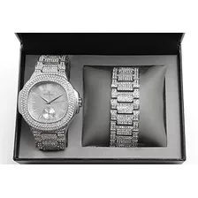 Blinged Out Reloj Oblong Metal Para Hombre Con Juego De Puls