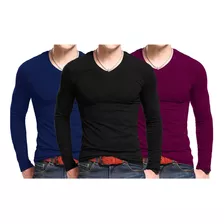 Kit 3 Camiseta Masculina Manga Longa Camisa Gola V Lycra Top