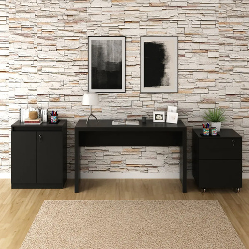 Conjunto Para Escritório Preto 3 Peças C/ Chave Tecnomobili Preto