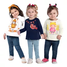 Kit 3 Blusas Menina Manga Longa Infantil Meia Malha Kyly