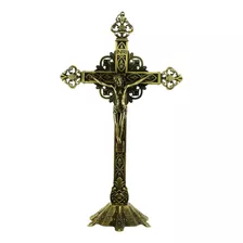 Crucifixo Católico De Mesa Dourado Antigo Metal 32 Cm Cor Dourado-escuro