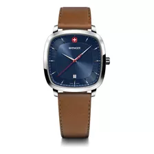 Wenger Reloj Vintage Classic 37 Mm Azul, Con Correa Café Color De La Correa Caqui Color Del Bisel Plateado Color Del Fondo Azul