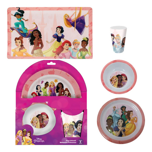 Kit Infantil De Refeição Melamine Disney Prato + Bowl + Copo Princesas