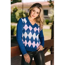 Blusa De Trico Feminina Suéter Escocesa Inverno