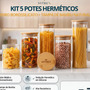 Kit 5 Potes De Vidro Herméticos Com Tampa De Bambu Organizador Para Mantimentos Grãos Café Massas E Cereais 3,8 Litros Vitrex Transparente