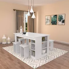 Conjunto Mesa Com Nichos E 4 Bancos Nova Mobile Branco De