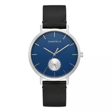 Reloj Caravelle Quartz Para Hombre 43a156 Dress Azul Correa Negro Bisel Plateado