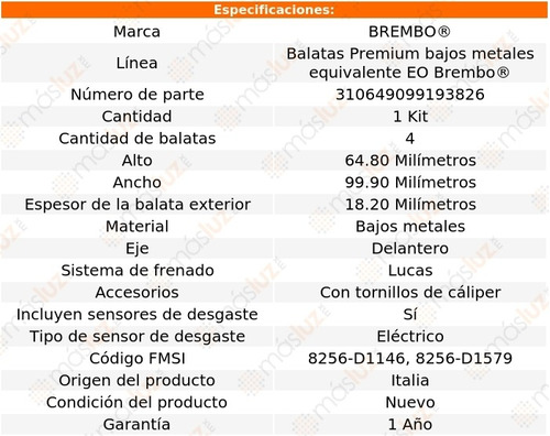 Balatas Bajos Metales Del Renault Clio 02/10 Brembo Foto 4