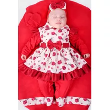 Saida De Maternidade Menina Salmão Floral 05 Peças Pompom