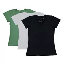 Kit 3 Camiseta Feminina Gola V Baby Look Básica Varias Cores