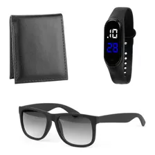 Kit-masculino Relógio Preto + Carteira Slim+ Óculos Moderno