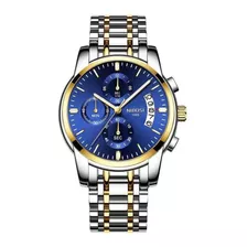 Relógio De Pulso Nibosi Ni2353 Com Corpo Prateado, Analógico, Para Masculino, Fundo Azul, Com Correia De Aço Inoxidável Cor Prateado E Dourado, Agulhas Cor Dourado E Branco, Subdials De Cor Dourado 