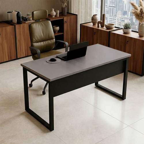 Mesa Escritório Escrivaninha 140cm X60cm Pés Em Metal Cinza Sagrado/preto