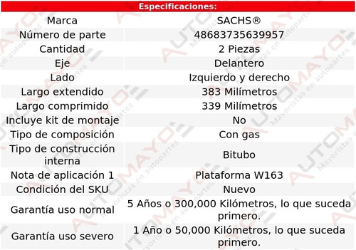 Juego 2 Amortiguadores Del Sachs Ml320 4wd V6 3.2l 98-03 Foto 2