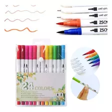 Caneta Brush Pen 24 Cores Duas Pontas Pincel Fina