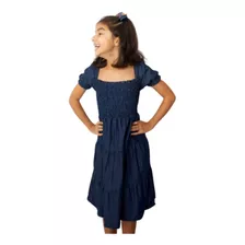 Vestido Infantil Jeans Manga Lastex Menina Moda Evangélico