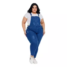 Jardineira Calça Feminina Cintura Alta Lycra Jeans Plus Size