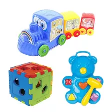Kit Brinquedo Educativo Infantil Didático Cubo + Urso + Trem